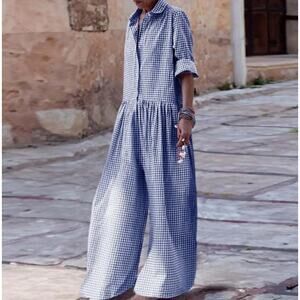 Cozinen Plaid Long Sleeve Patchwork Shirt Jumpsuit Button Up Blue White Womens S